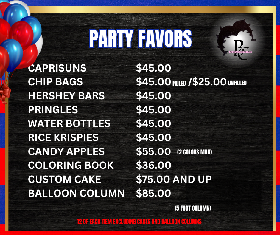 Party Favor Editble Price List